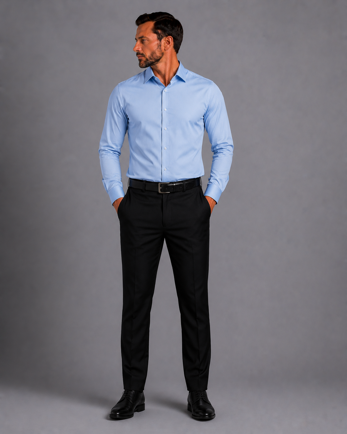 Camisa social azul claro corpo inteiro frente