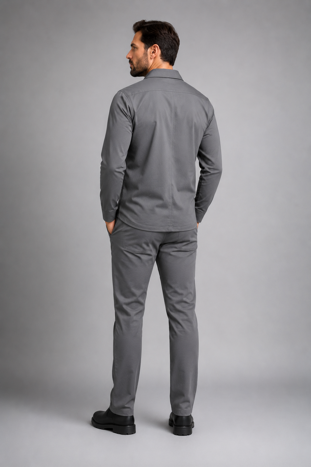 camisa gola italiana manga longa cinza corpo inteiro costas
