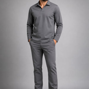 camisa gola italiana manga longa cinza corpo inteiro frente