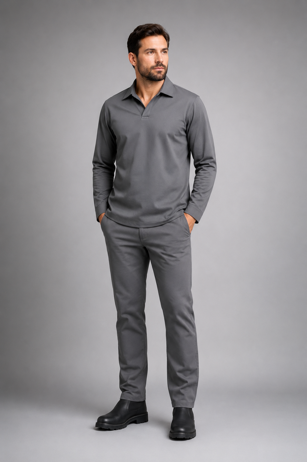 camisa gola italiana manga longa cinza corpo inteiro frente