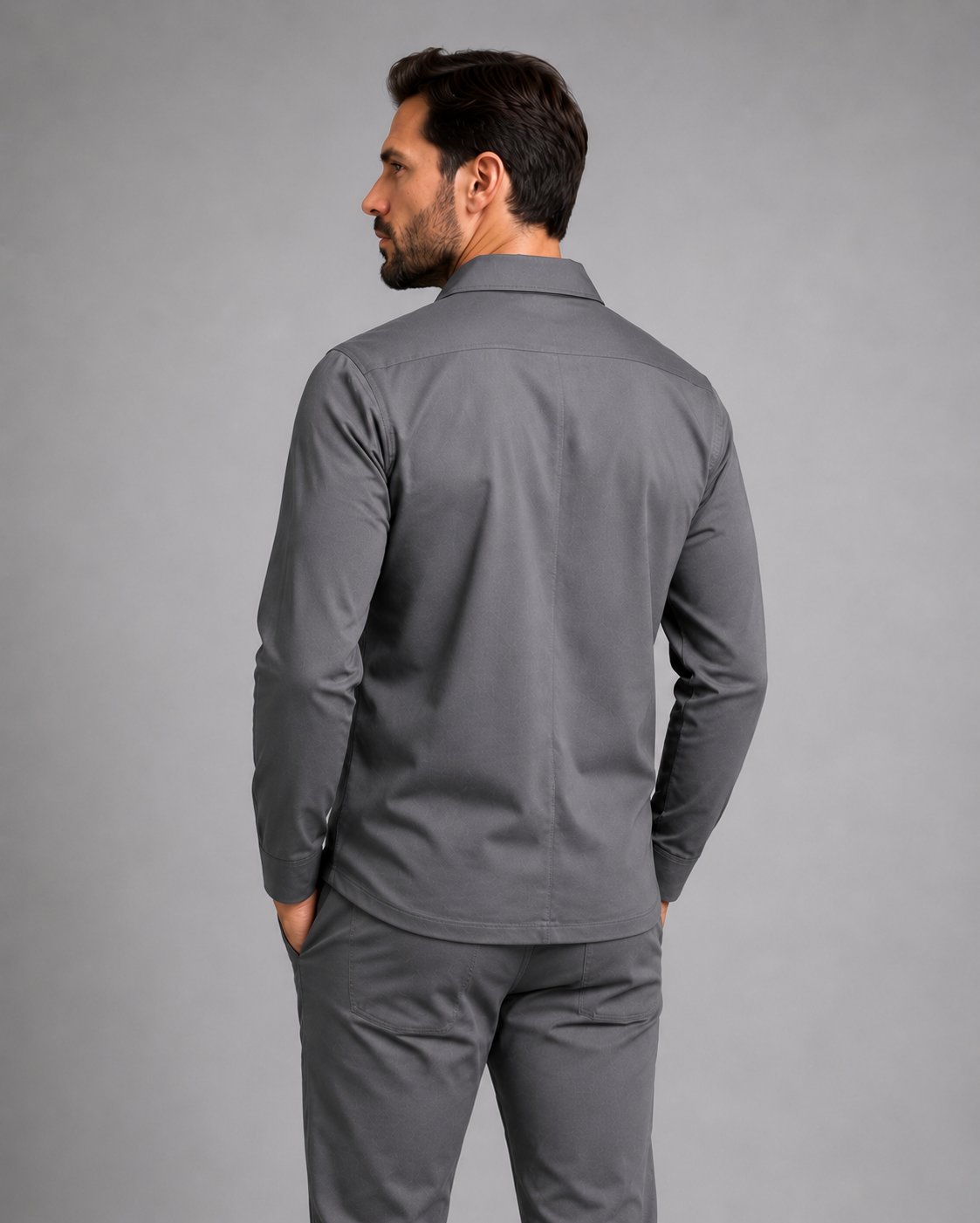 camisa gola italiana manga longa cinza medio costas