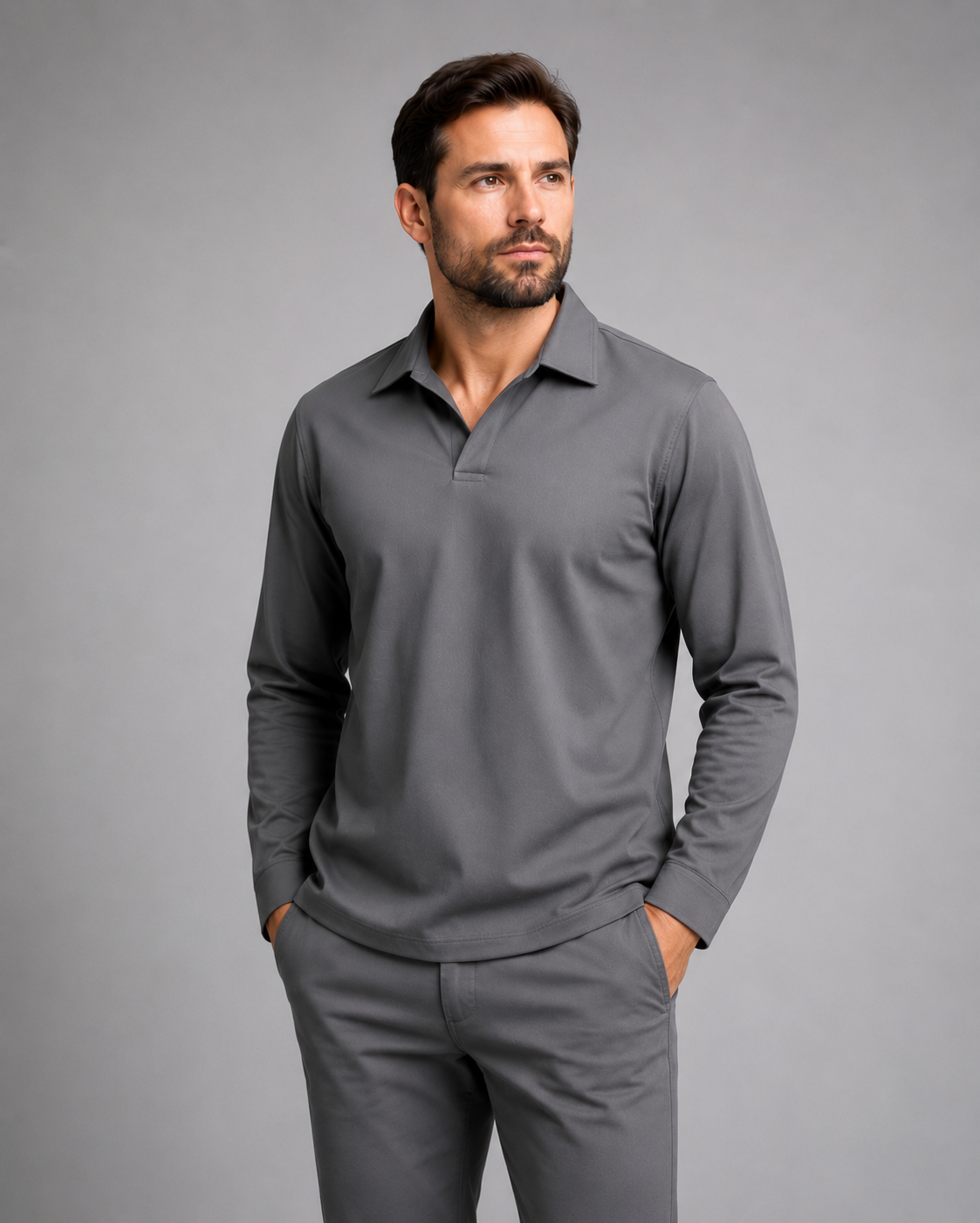 camisa gola italiana manga longa cinza medio frente